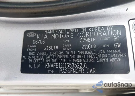 2006 Kia Spectra Ex/Lx/Sx z USA, uszkodzony, nr VIN KNAFE121165352231